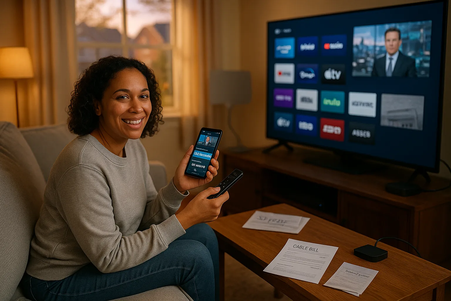 Person on couch with remote, smartphone, antenna, and cheaper streaming receipts.