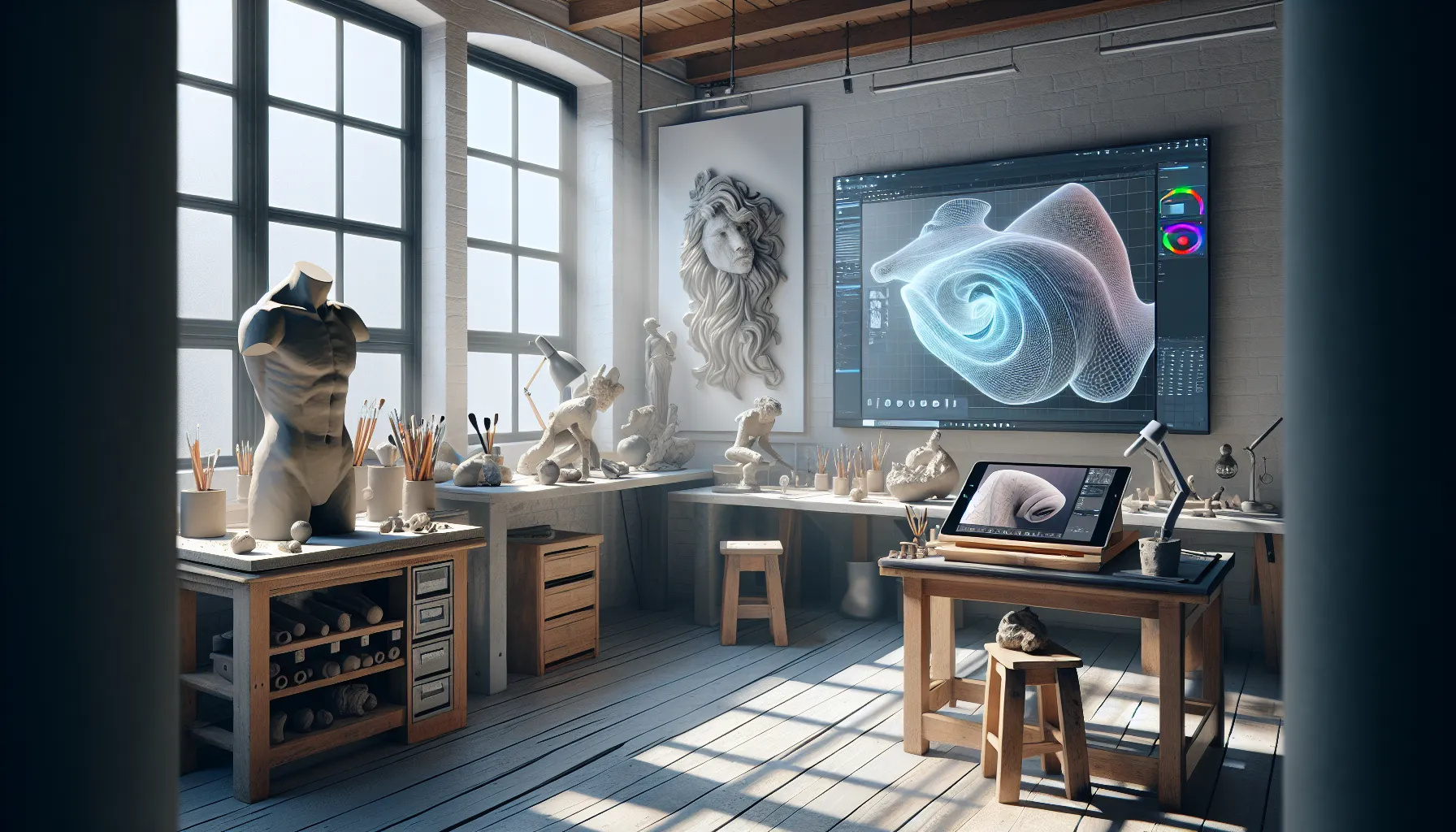 An art studio with tools for sculpting and digital modeling.