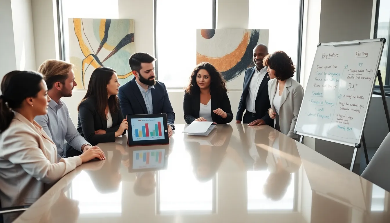 professionals discussing buying a condo vs renting in a modern office.