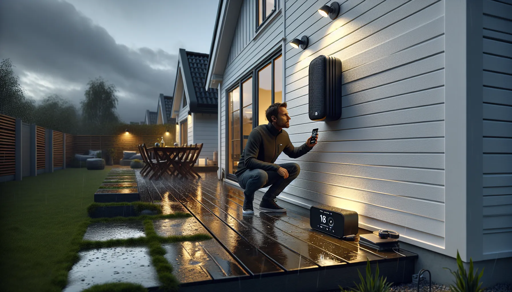 Man testing weatherproof outdoor speakers on a norwegian terrace with garden backdrop.