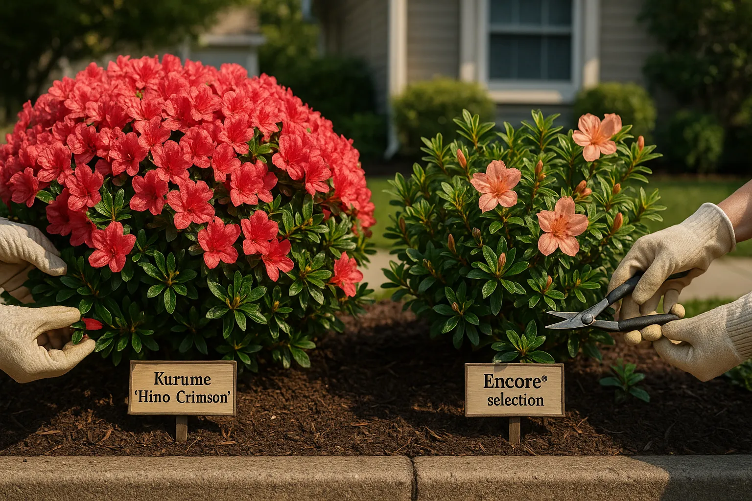 Two azalea bushes side-by-side showing dense spring blooms and repeat-bloom clusters.