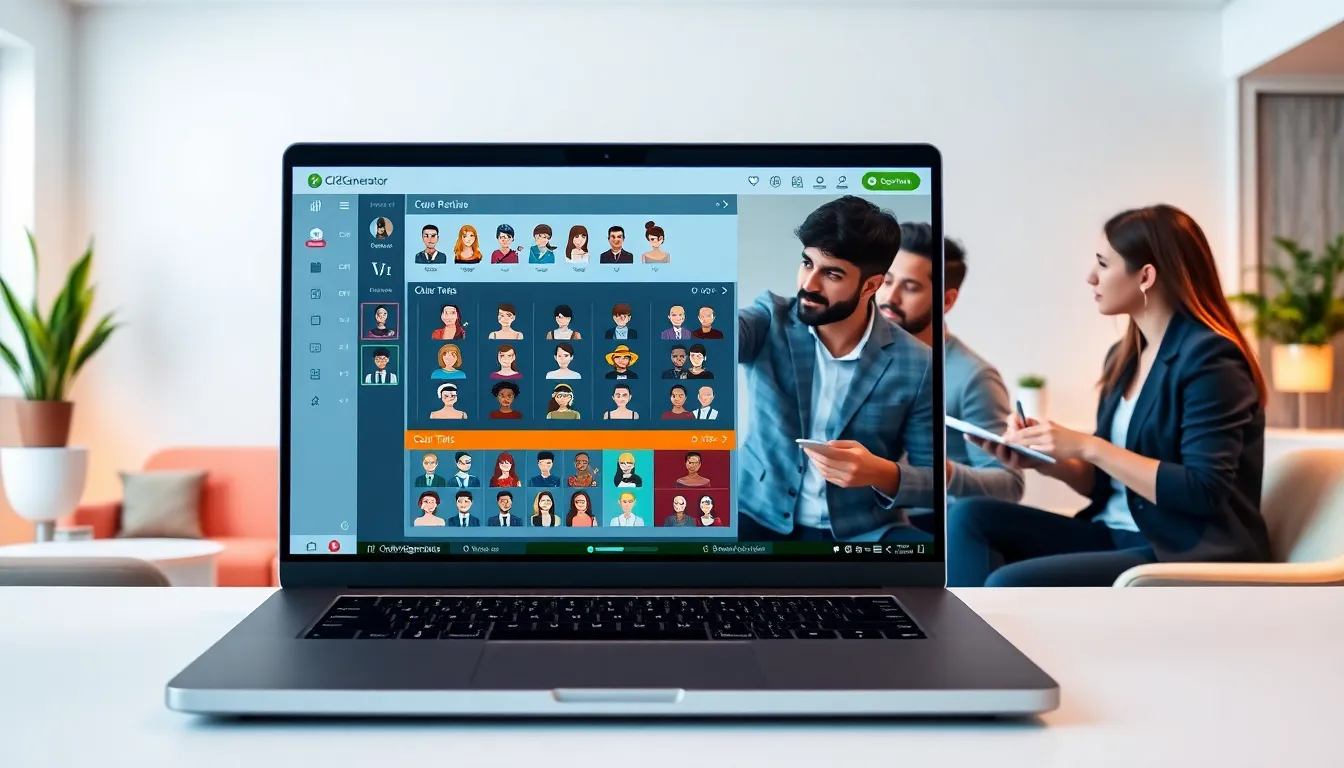 professionals collaborating over a character creation tool on a laptop.