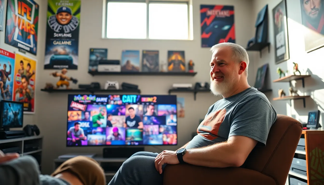 Larry sharing gaming strategies in a vibrant gaming room.