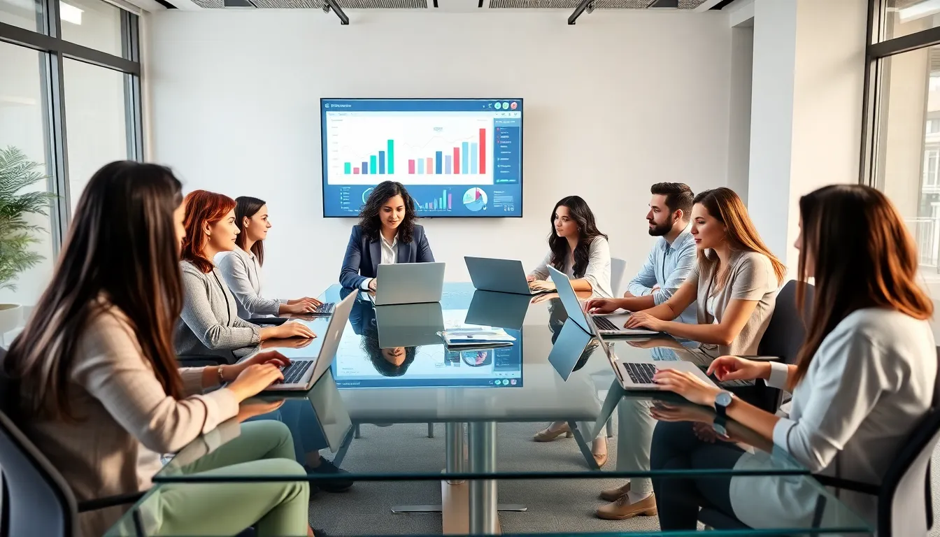 diverse team collaborating on data management in a modern office.