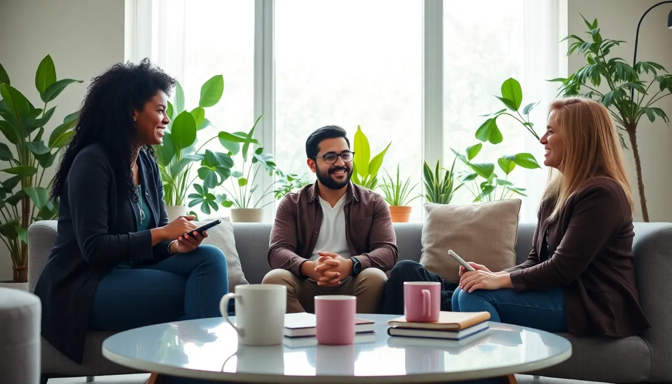 diverse group discussing Prozac success in a bright therapy room.