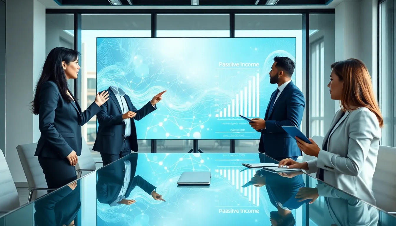 diverse professionals discussing blockchain staking in a modern office.