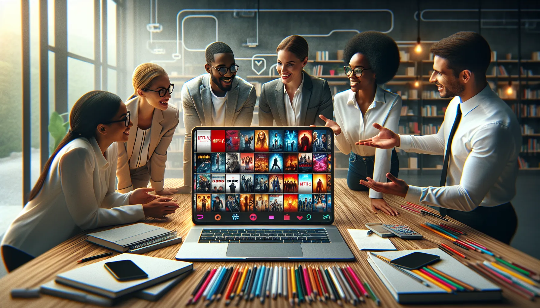 professionals discussing the Moviezwap interface on a laptop in an office.