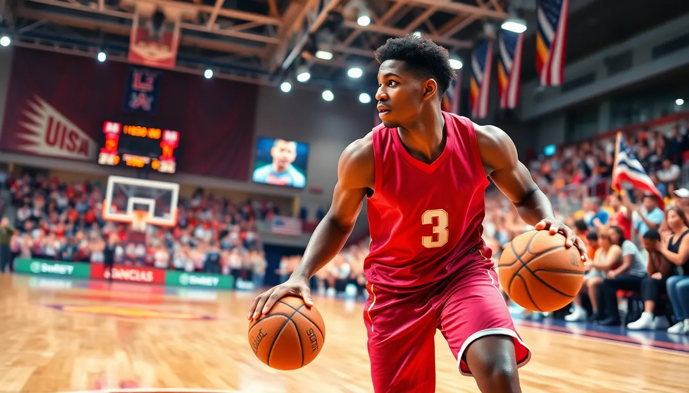 Neldanos Kimsel playing basketball in an energetic sports arena.