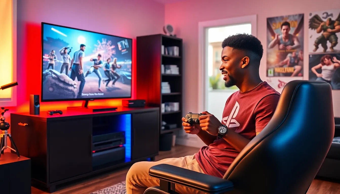 a young man gaming with a PlayStation in a stylish modern room.