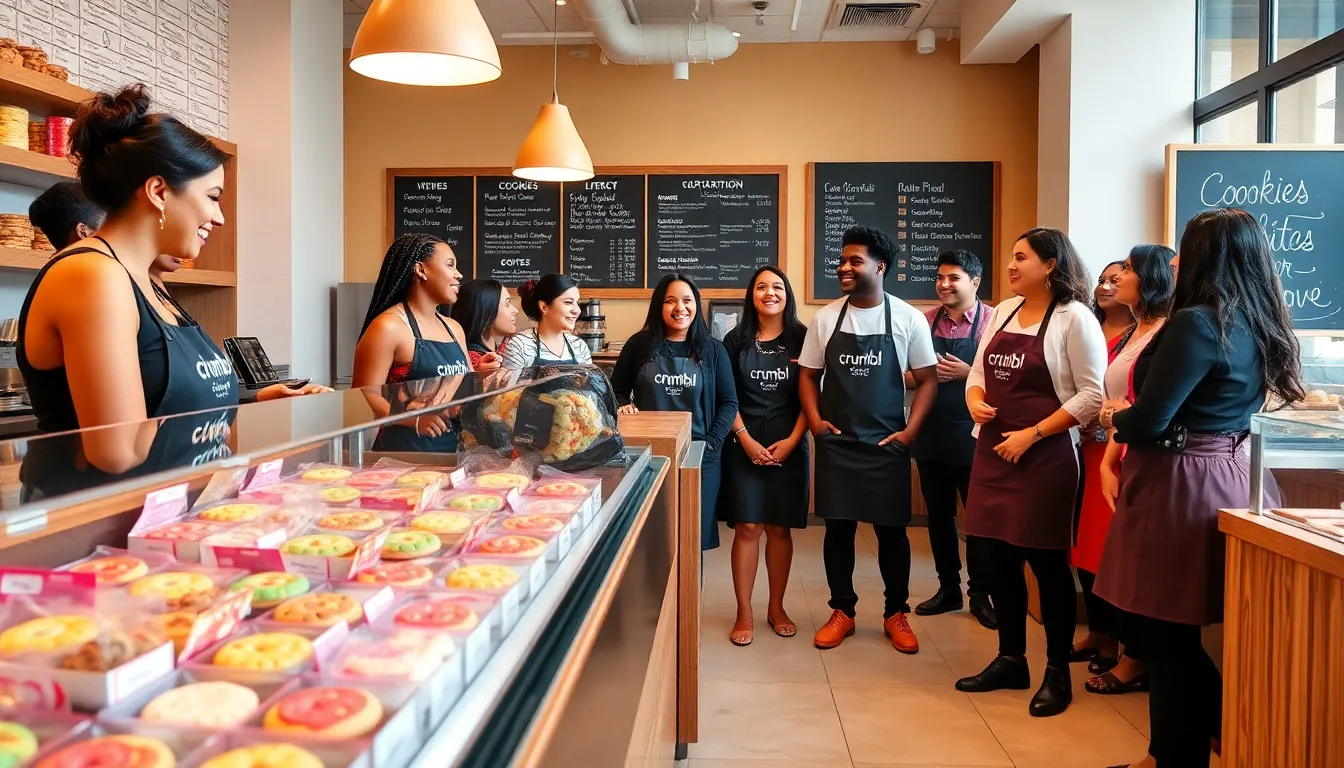 Crumbl Cookies bakery with diverse team and colorful cookie display.