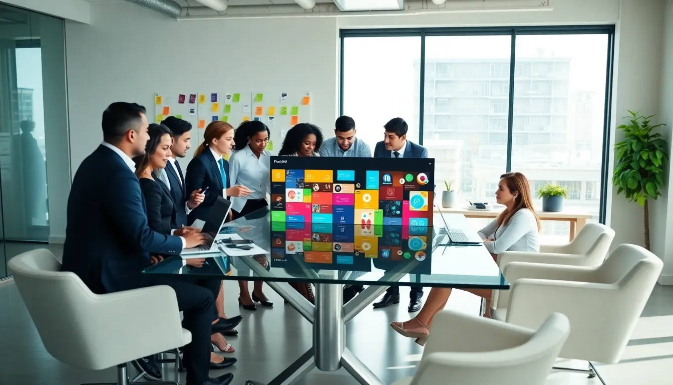 diverse team discussing mobile app development in a modern office.
