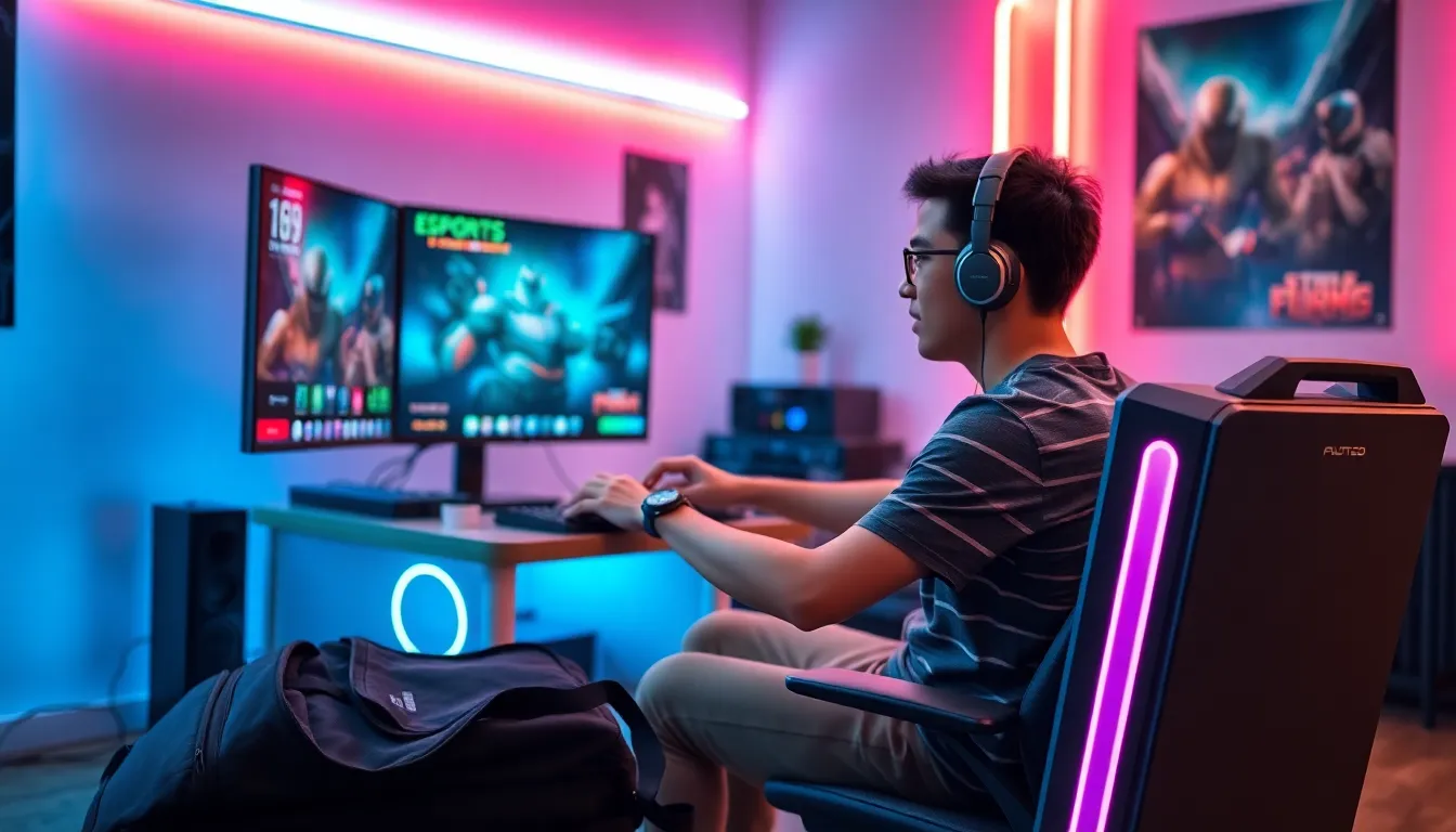 A gamer focused on a portable gaming PC in a vibrant room.