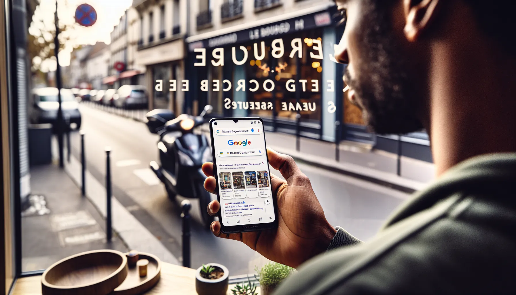 Person checking local Google results for businesses in Le Bourget on a phone.