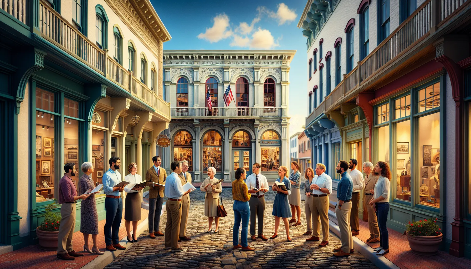 historical street in Hausizius with engaged historians and preserved buildings.