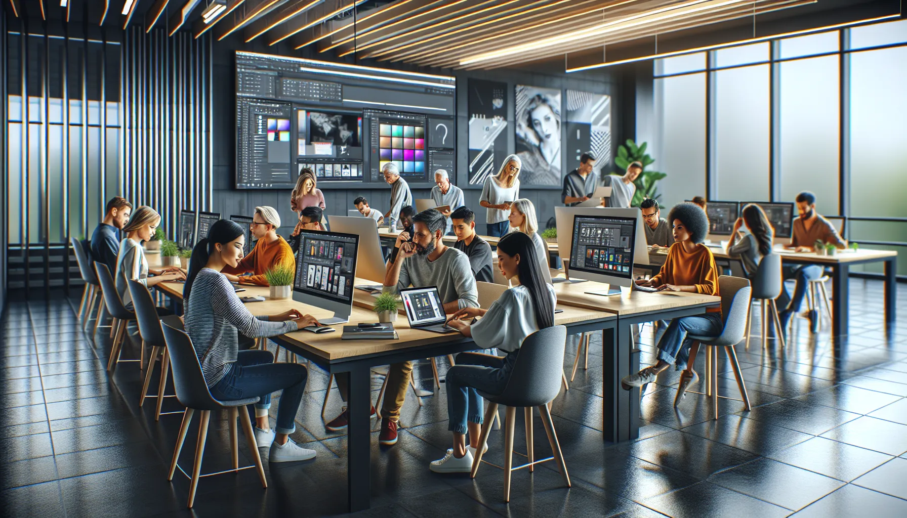 diverse learners collaborating in a modern Photoshop course.