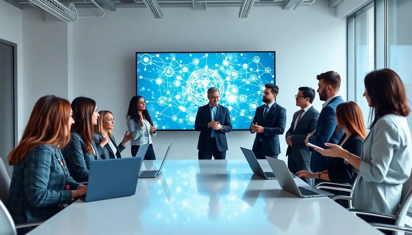 diverse team discussing blockchain technology in a modern office.