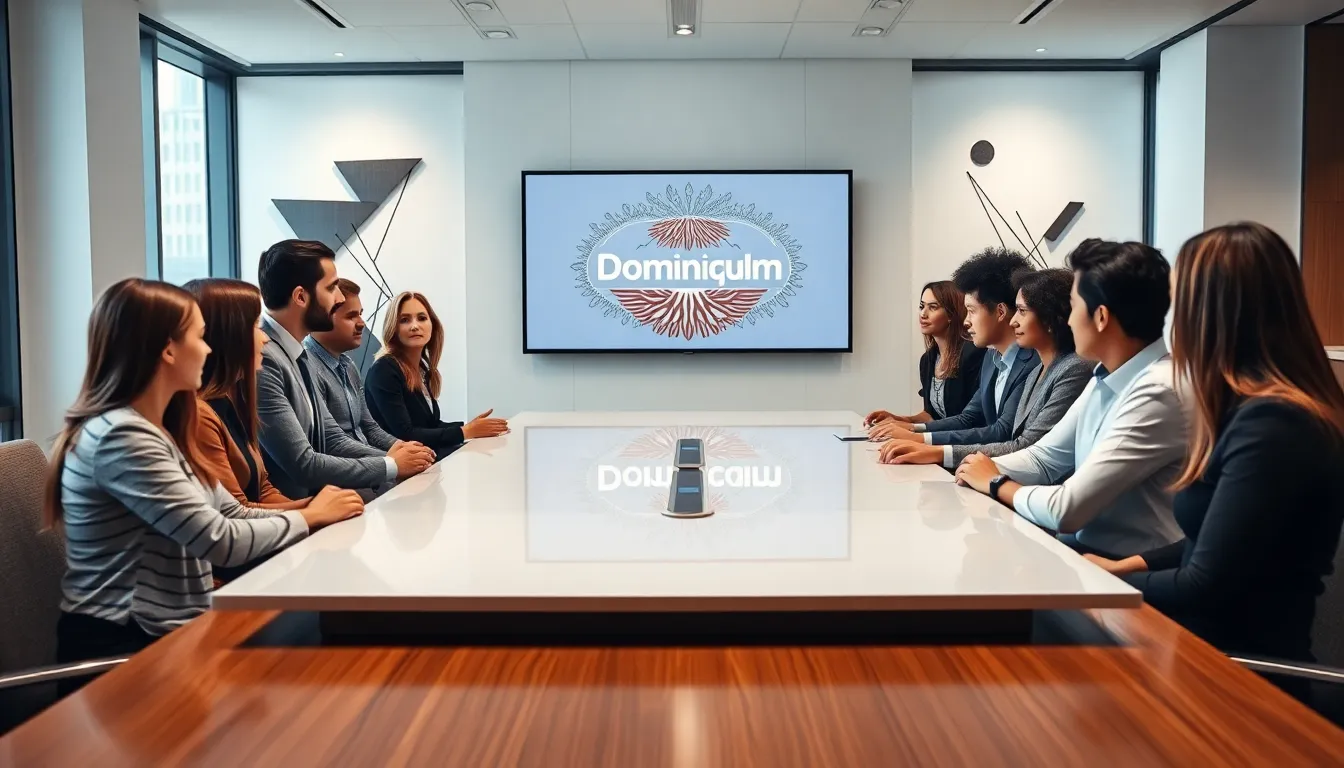 diverse professionals discussing the significance of Ddominiquelm in a modern office.