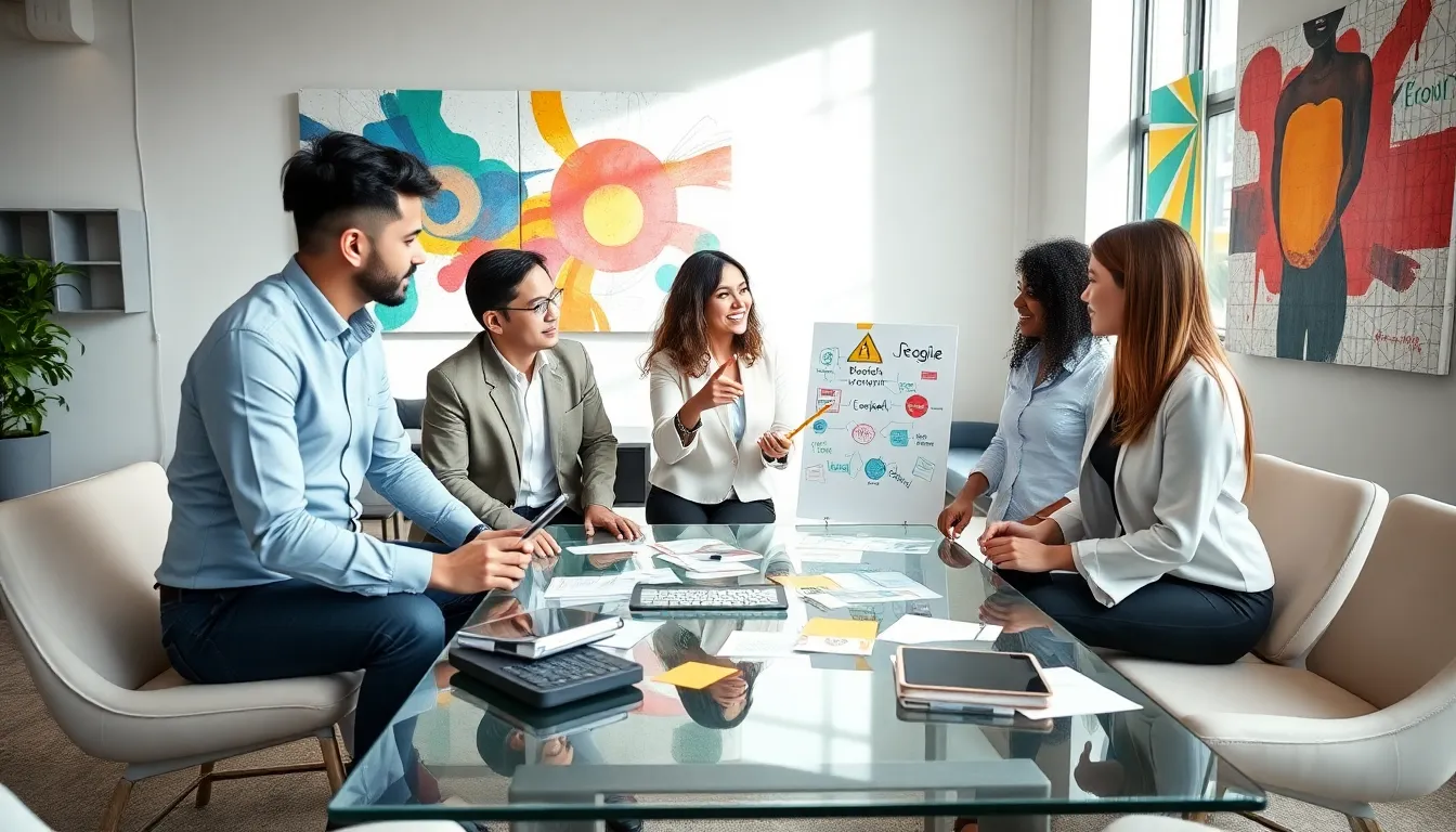 diverse team brainstorming in a modern office setting.
