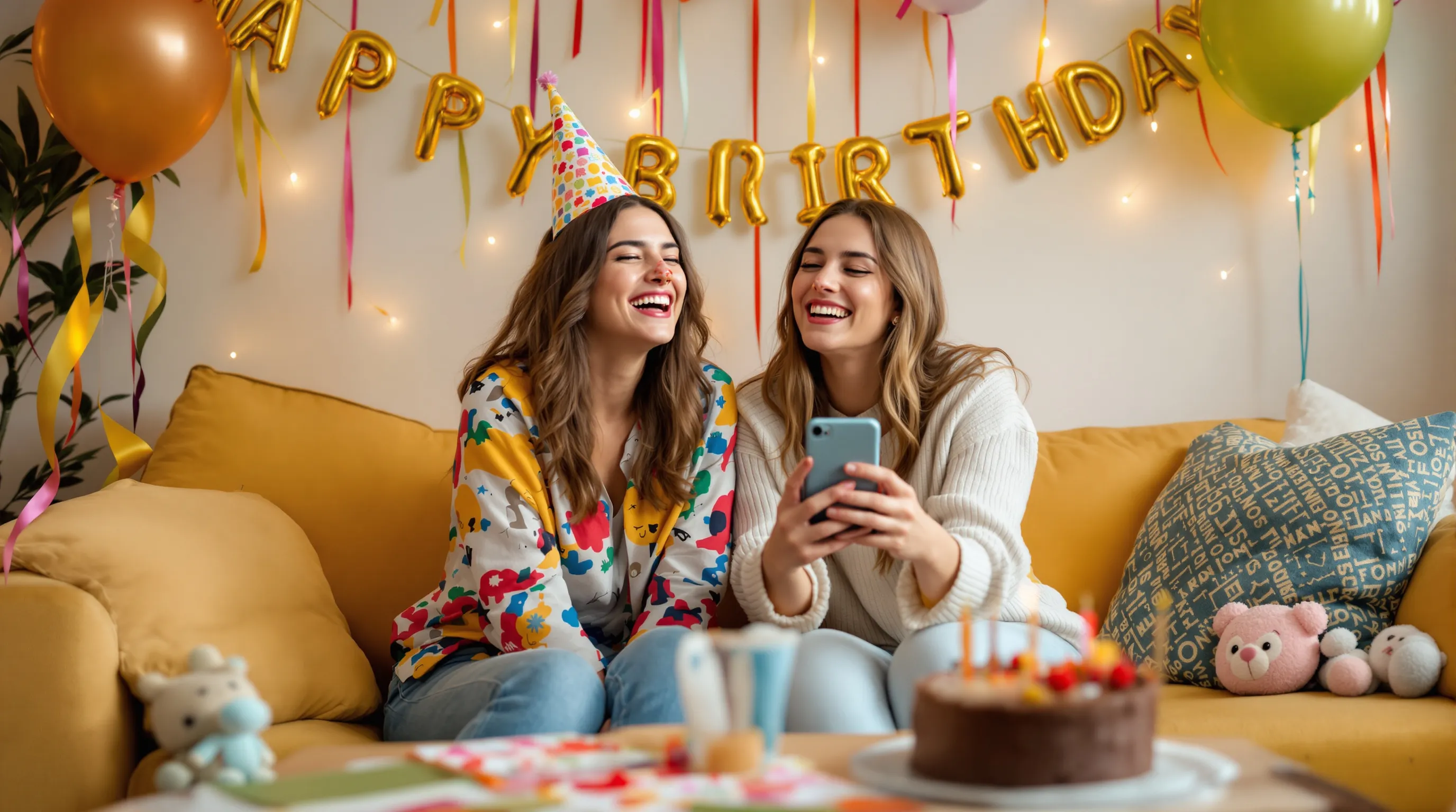 two young women laughing during a birthday celebration at home