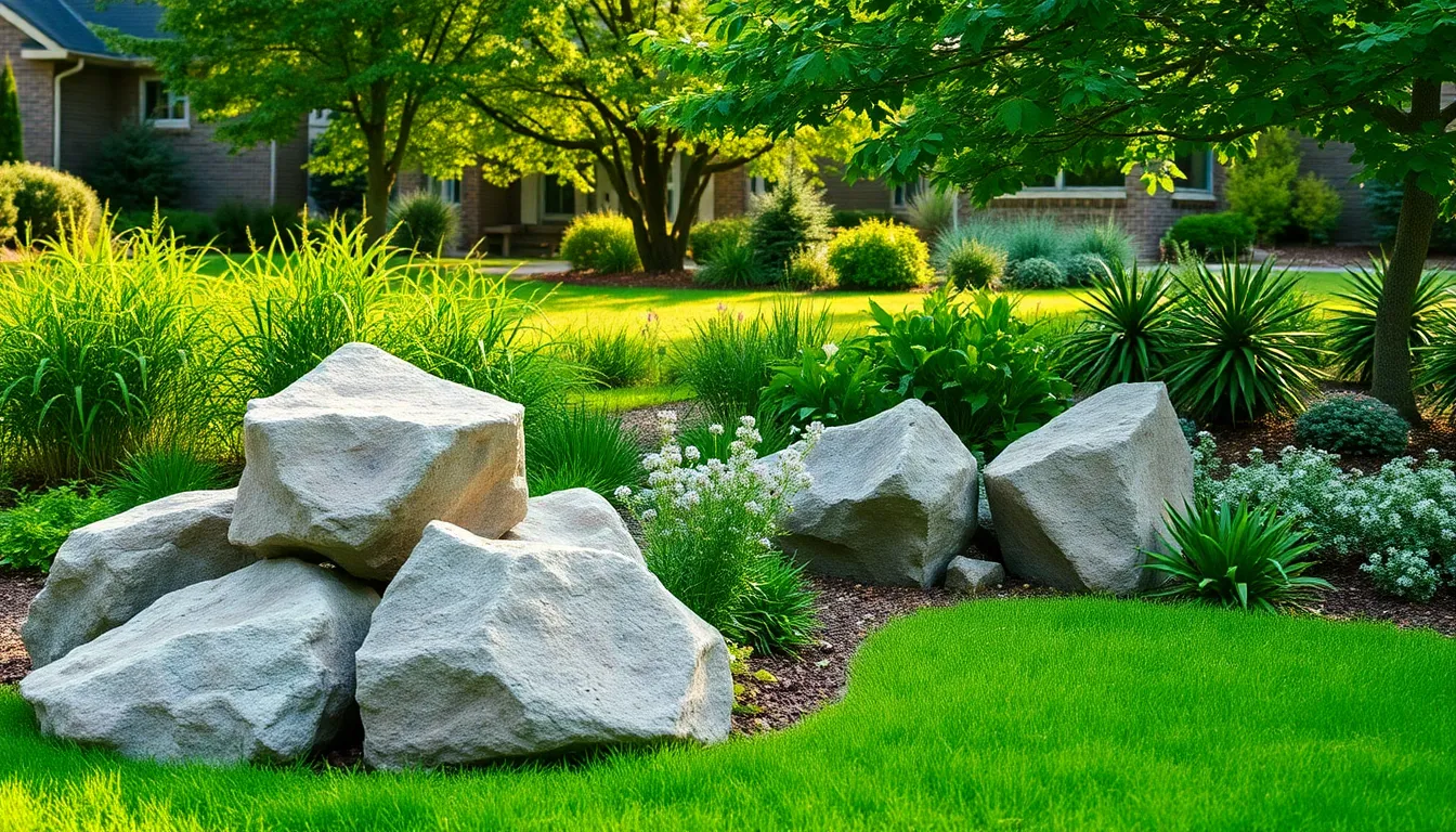 A striking garden featuring diverse boulders among lush greenery.