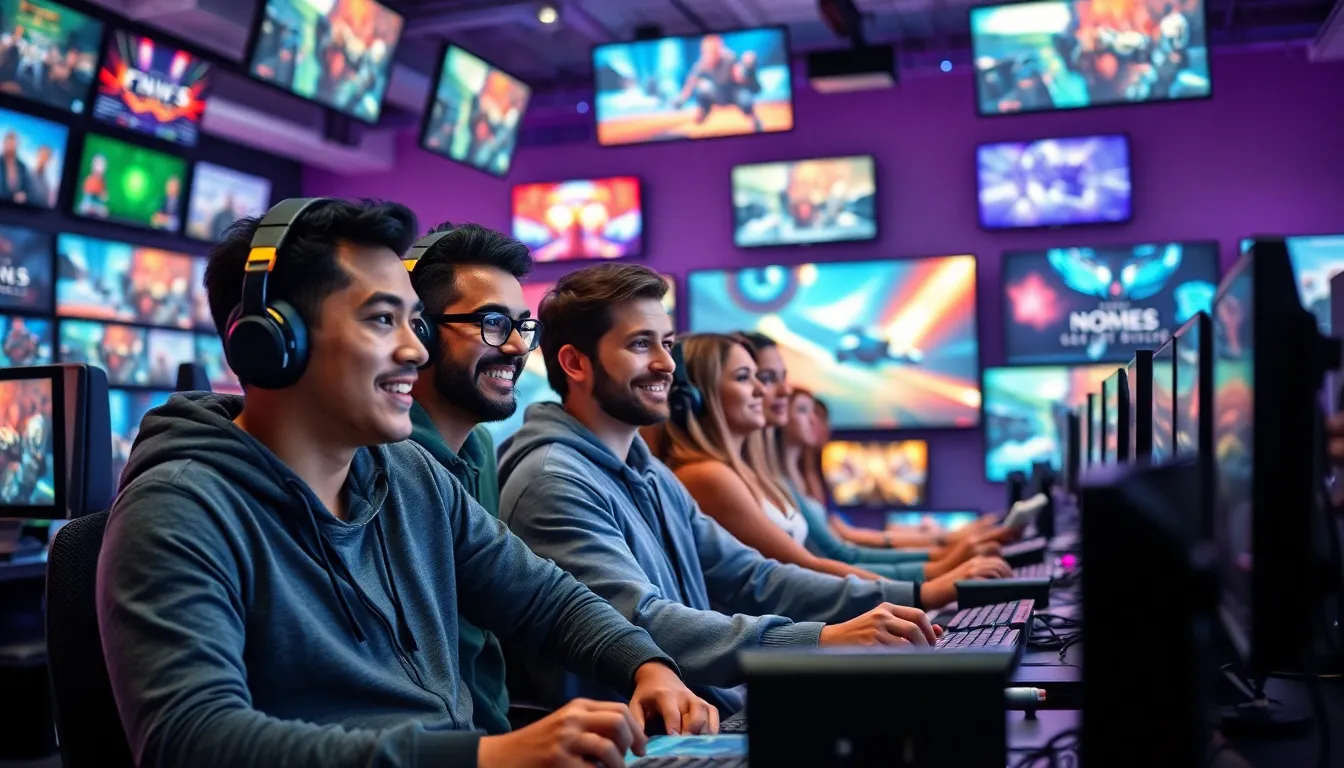 diverse gamers enjoying a session in a modern gaming lounge.