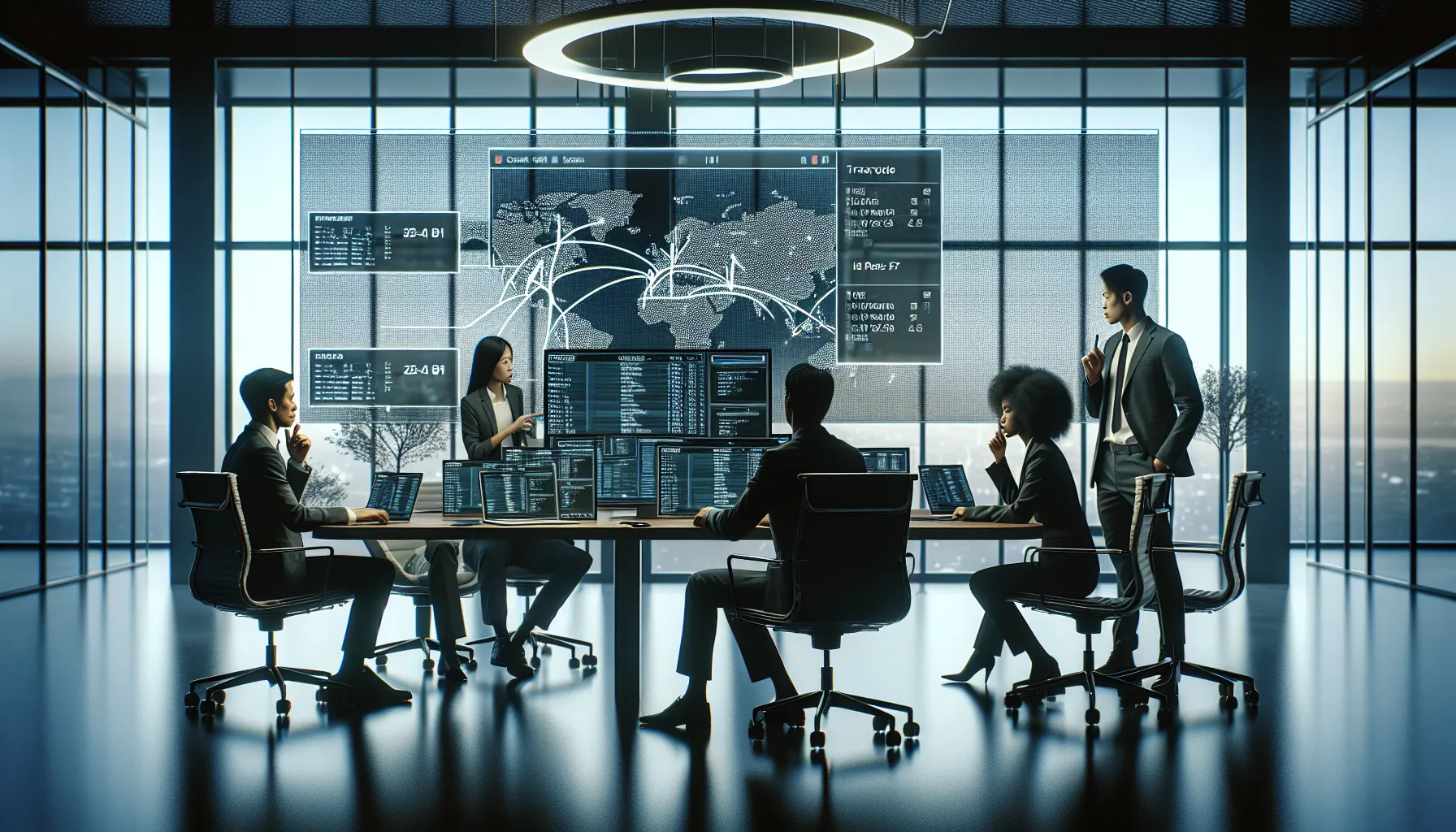 diverse cybersecurity team analyzing IP address data in a modern office.