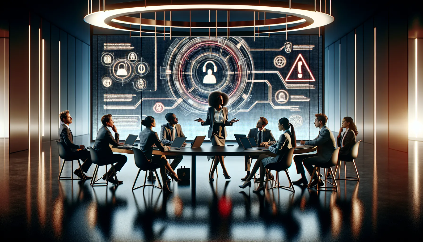 diverse professionals discussing phone scam awareness in a modern office.