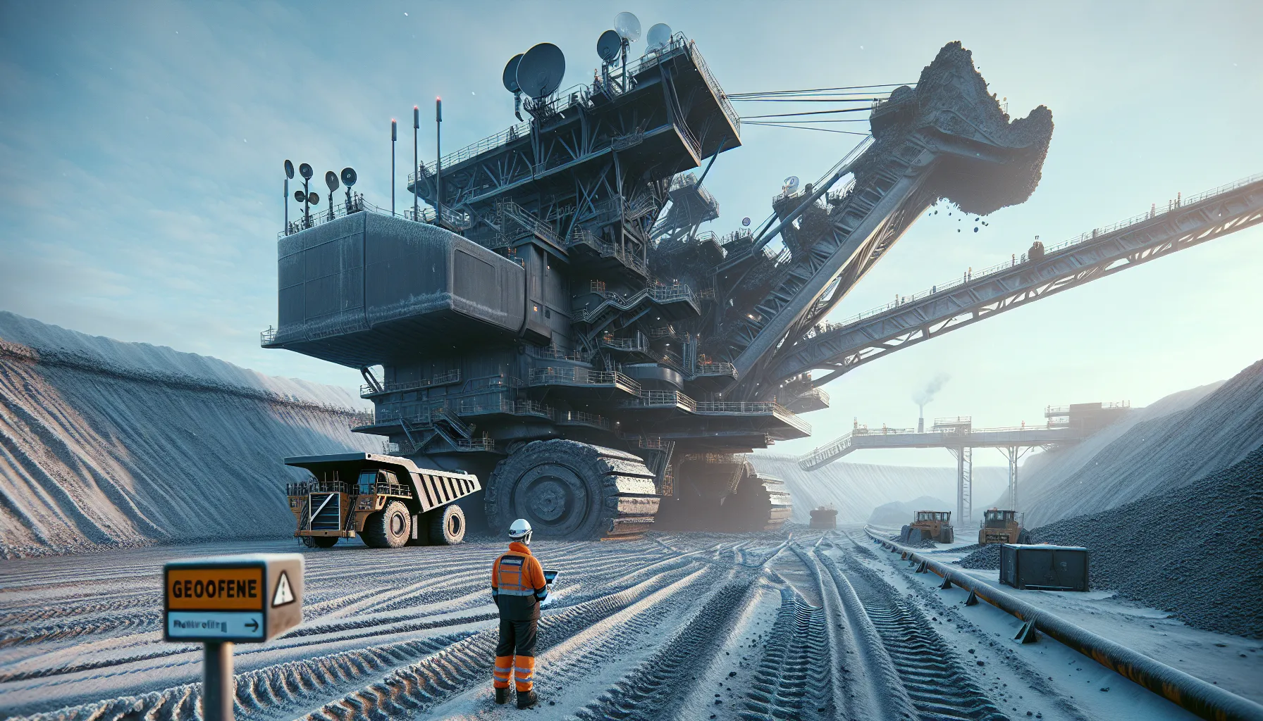 Giant mining excavator loading an ultra-class dump truck in a nordic open-pit mine.