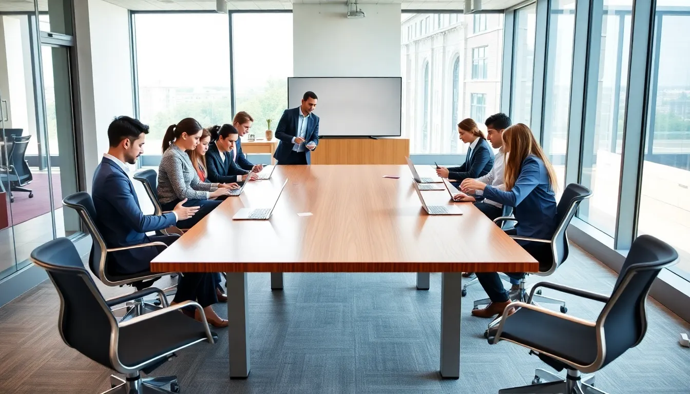 diverse team around an oversized table in a modern office setting.