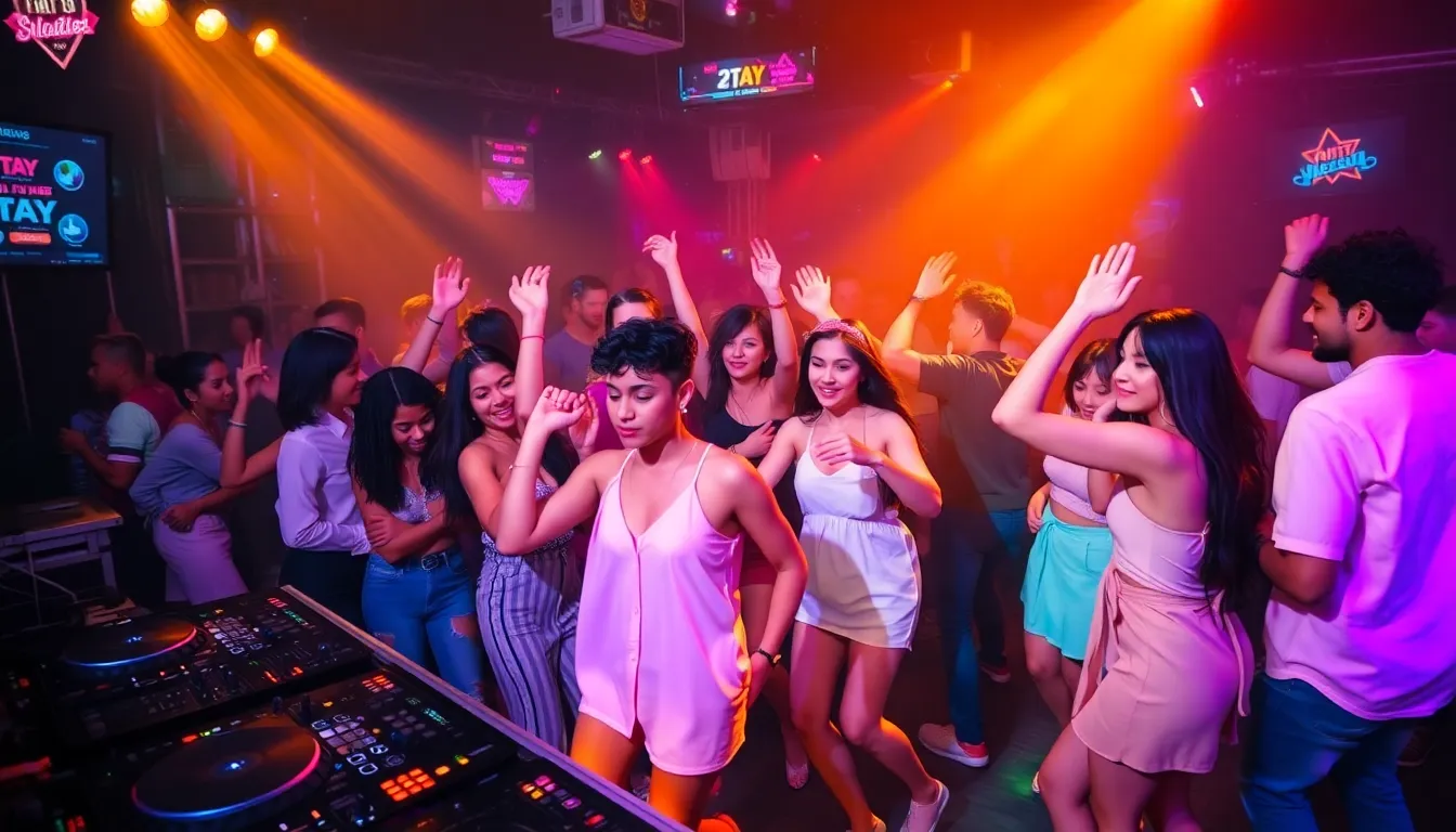 diverse group dancing on a vibrant dance floor with colorful lights.