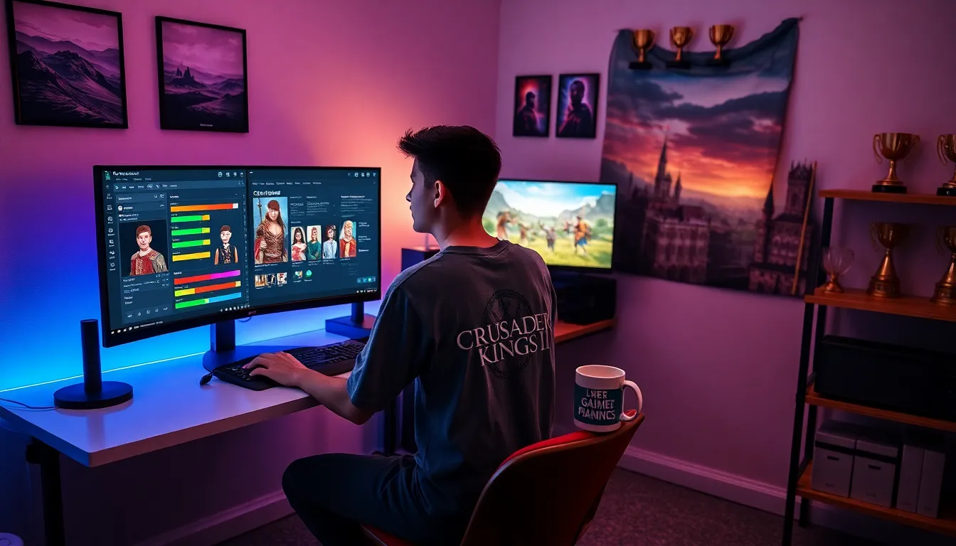 A young gamer using Ck2generator on dual monitors in a gaming room.