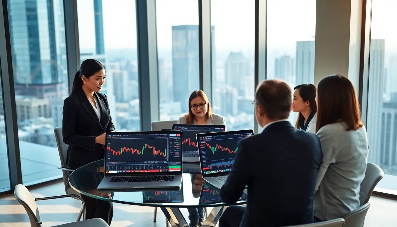 diverse professionals discussing cryptocurrency in a modern office.