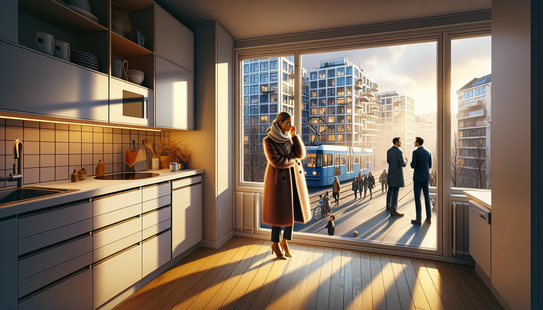 Young buyer in tiny oslo studio overlooking tram, cranes, and offices.