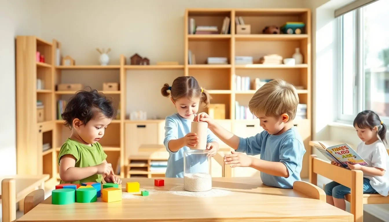 children engaged in hands-on learning in a Montessori classroom.