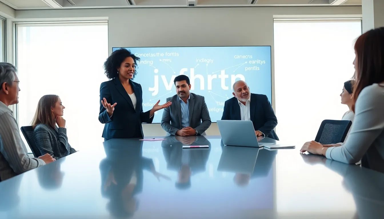 diverse professionals discussing concepts related to jvfhrtn in a modern office.