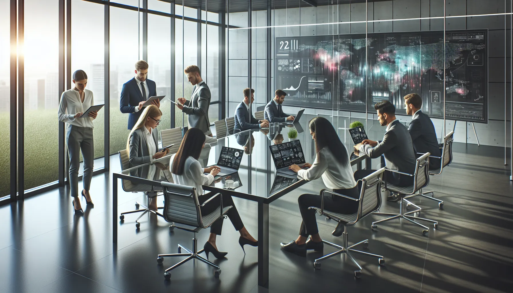 diverse team collaborating on technology in a modern office.