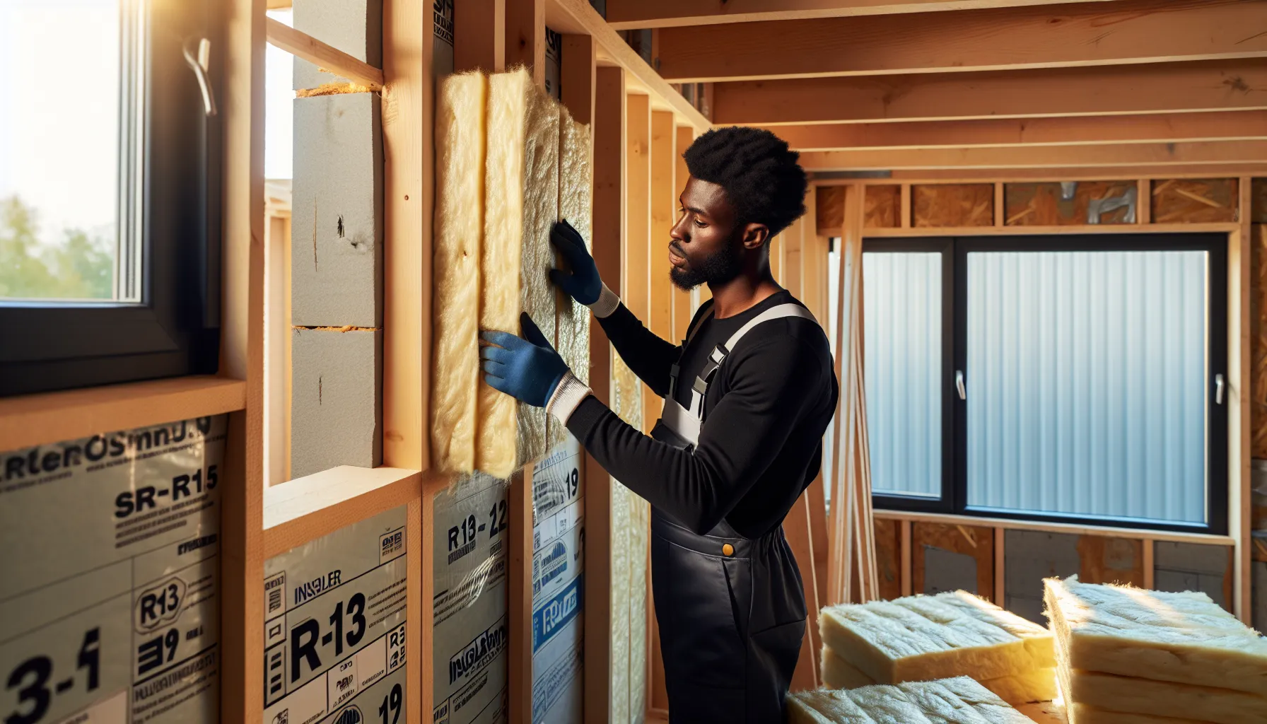 A contractor installing insulation batts labeled R-13 and R-19 onto a wall.