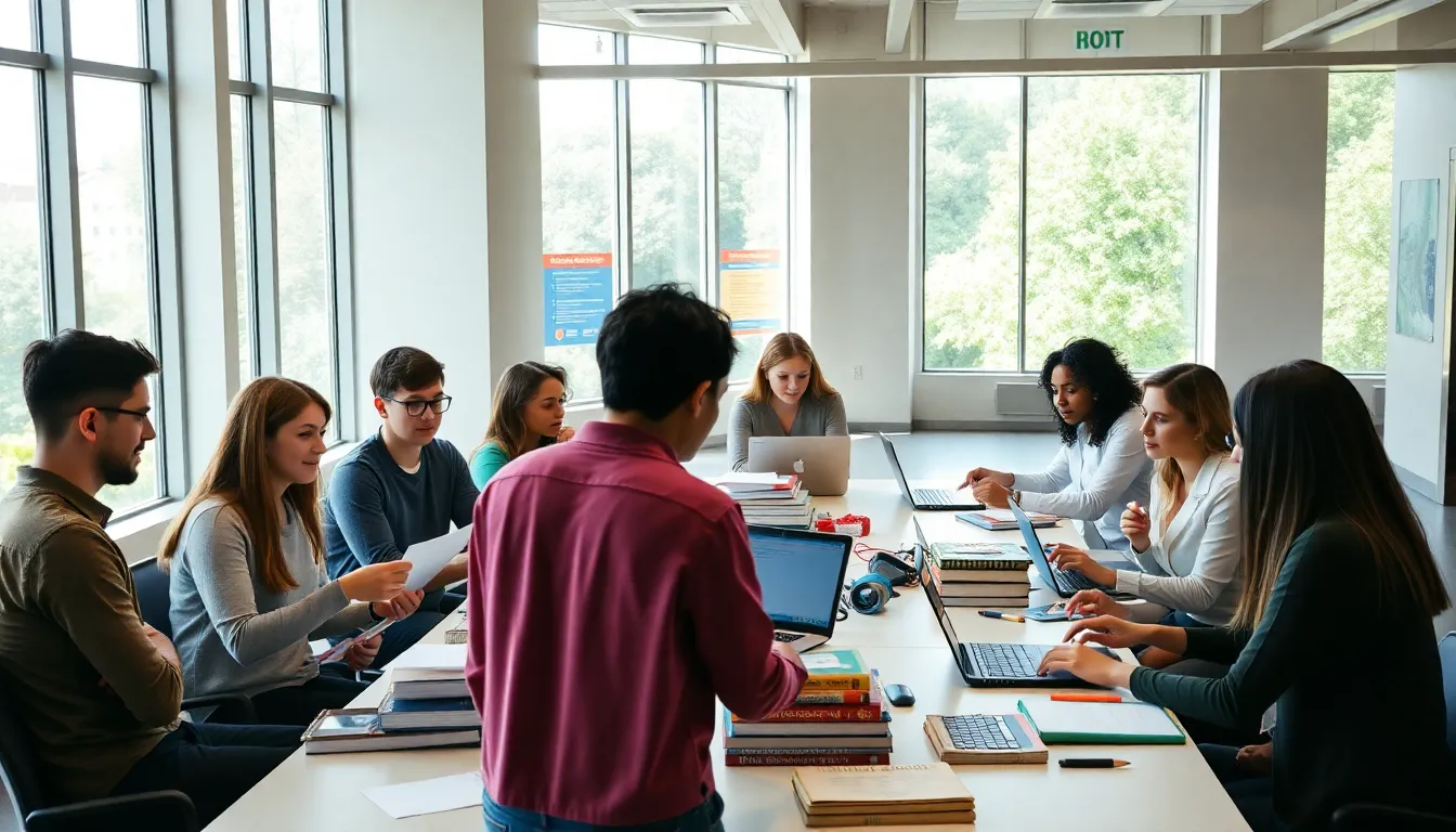 diverse students discussing costs of attendance in a college study area.