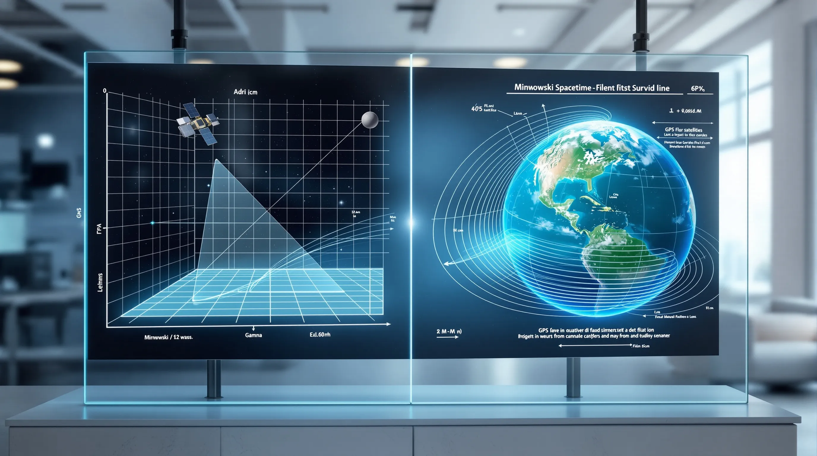 Split-screen compares special and general relativity with GPS satellite and Earth.