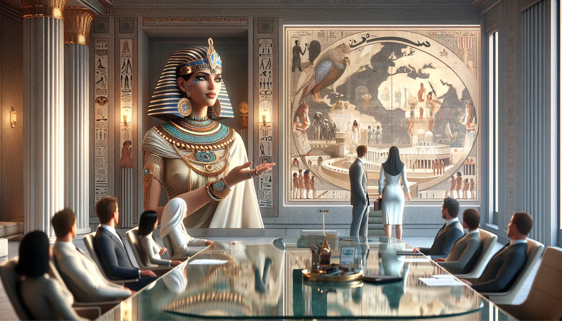 regal figure of Cleopatra in a modern, stylized ancient palace.