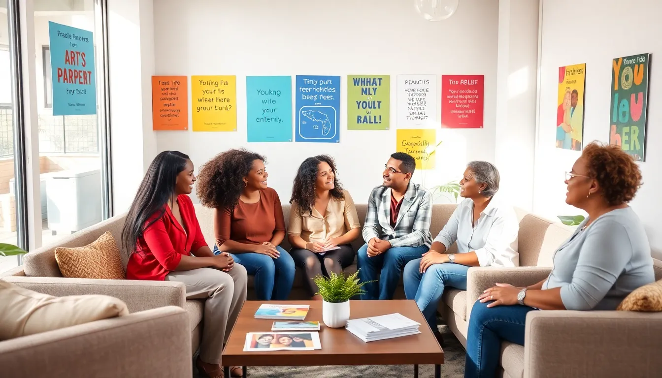 diverse group of parents sharing support in a community center.
