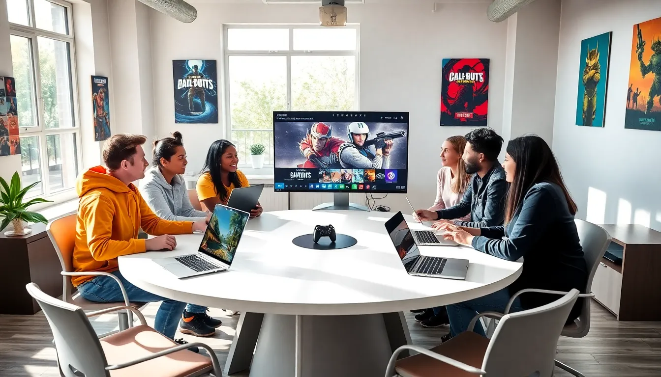 diverse gamers collaborating in a modern workspace.