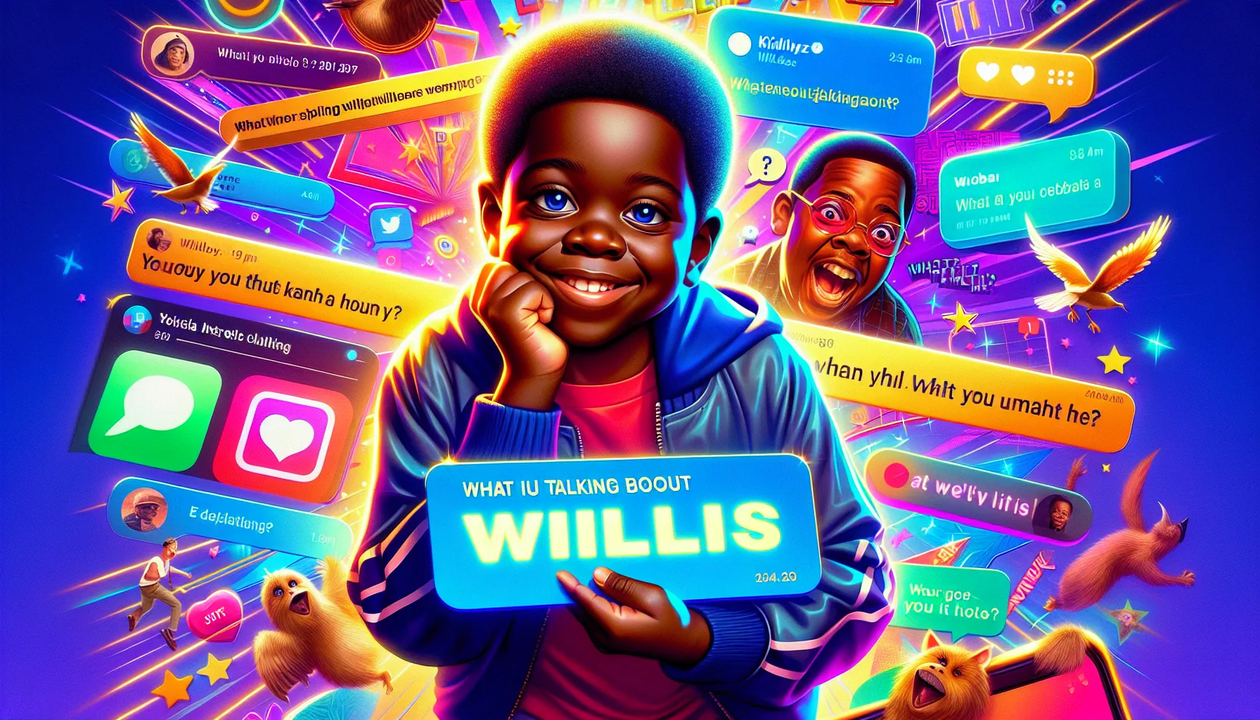 collage of pop culture elements featuring Gary Coleman and the phrase 'Whatutalkingboutwillis'.