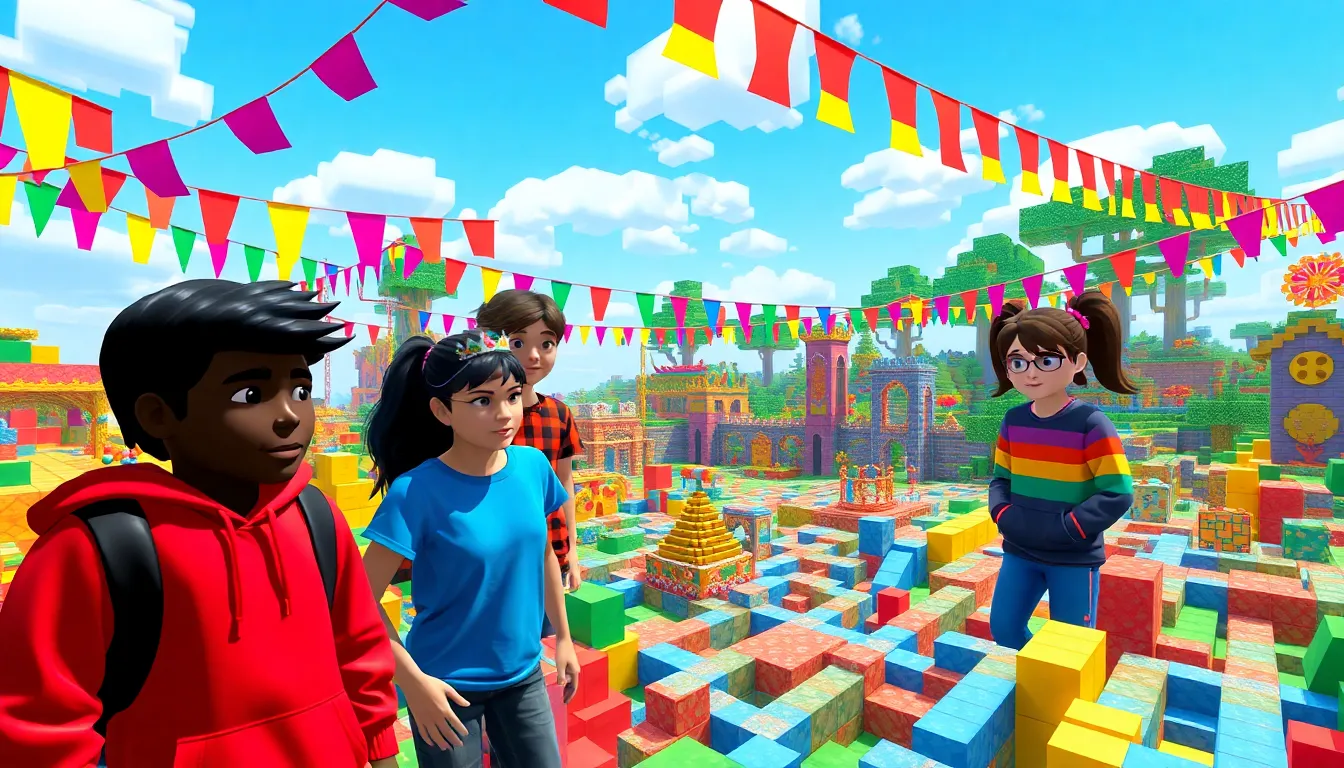 four players engaging in a Minecraft treasure hunt amid creative structures.