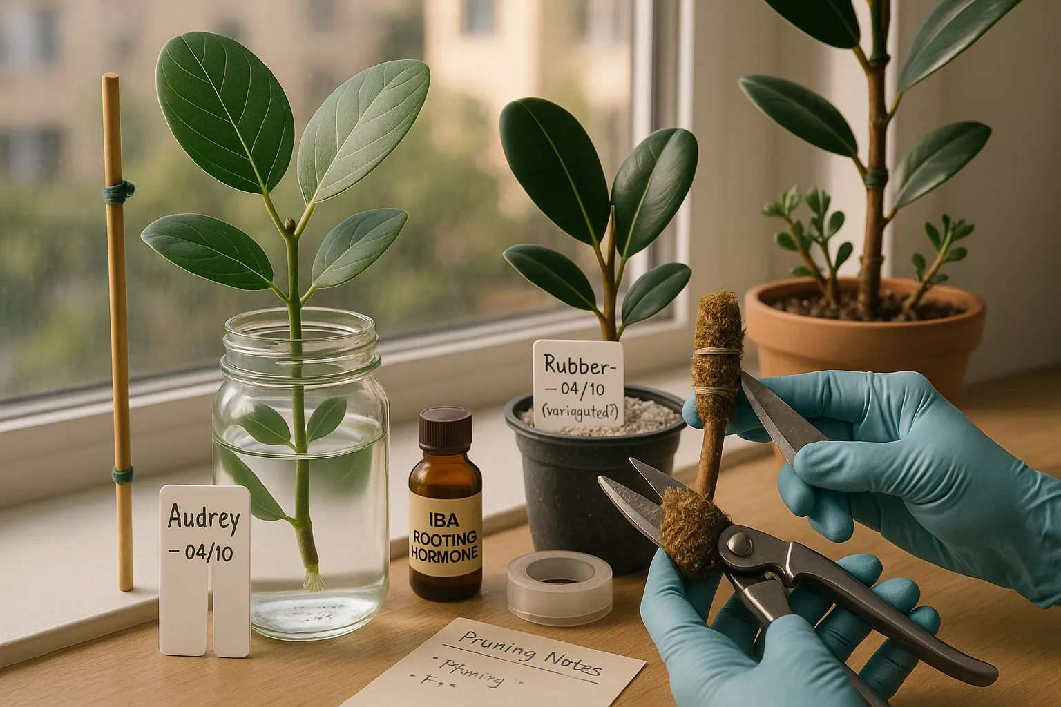 Gardener propagating Ficus Audrey and Rubber Plant cuttings on windowsill.