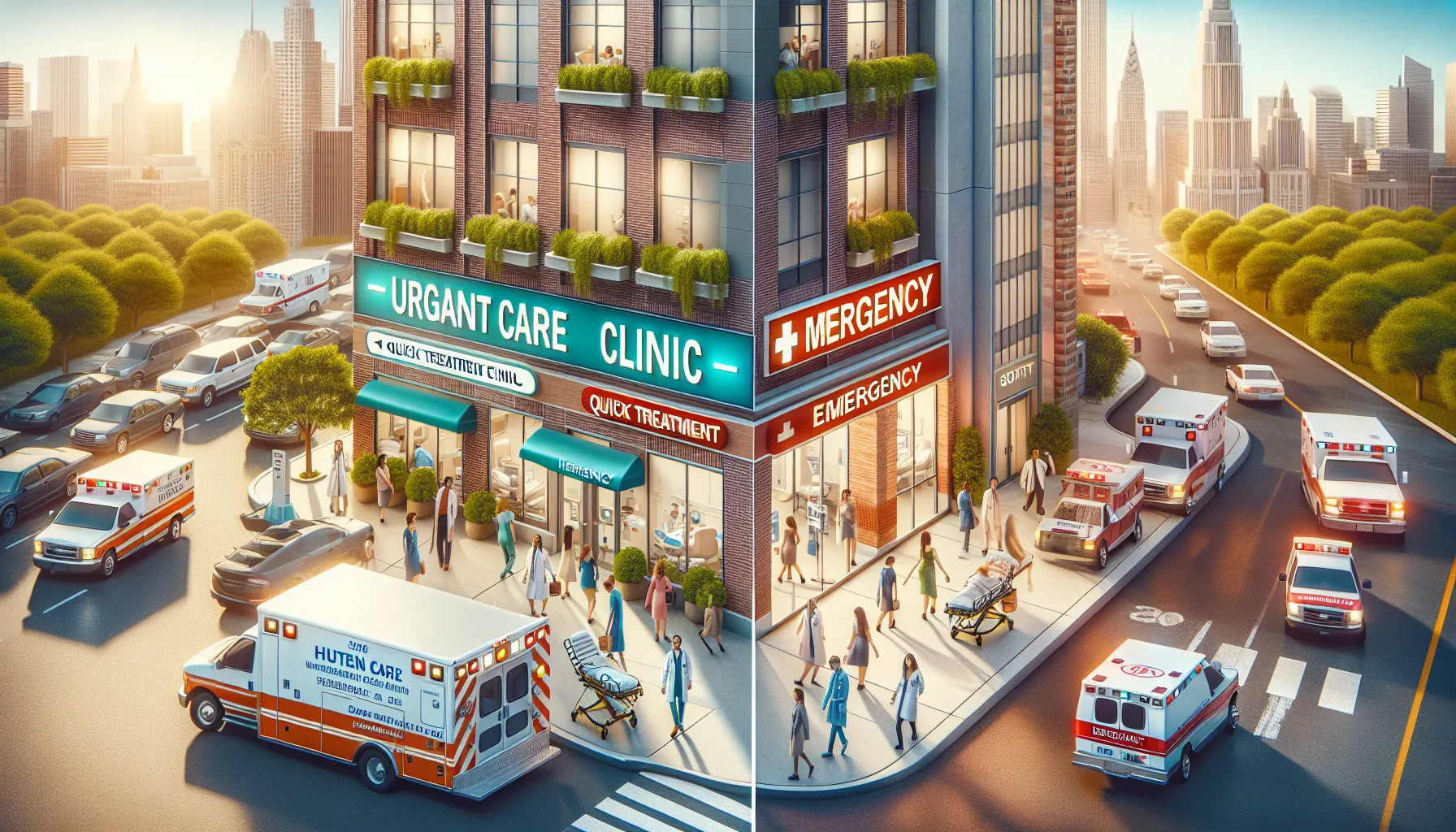 An urgent care clinic next to a hospital emergency room entrance in a city.