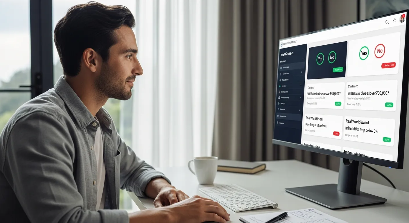 A young man in a home office analyzing a prediction market trading platform on a monitor.