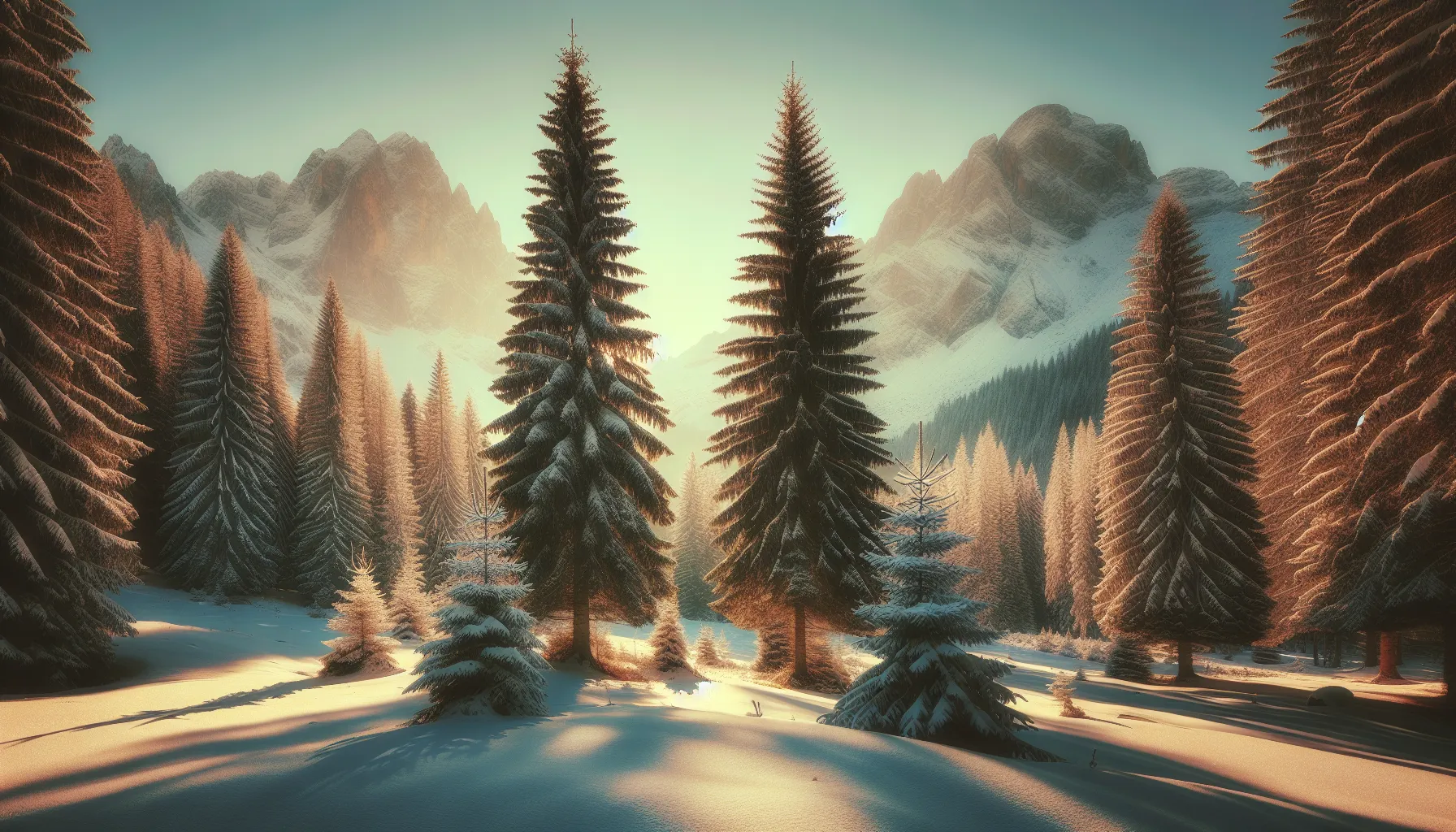 A scenic winter mountain view with fir trees and snow-covered peaks.