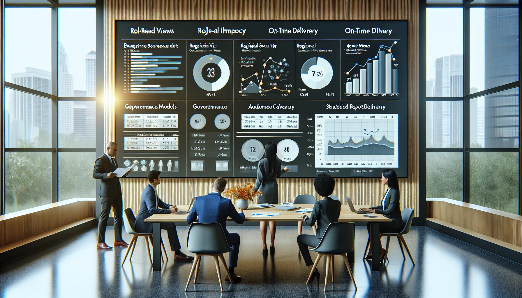 Professionals reviewing enterprise Power BI report examples on a large monitor in a modern office.