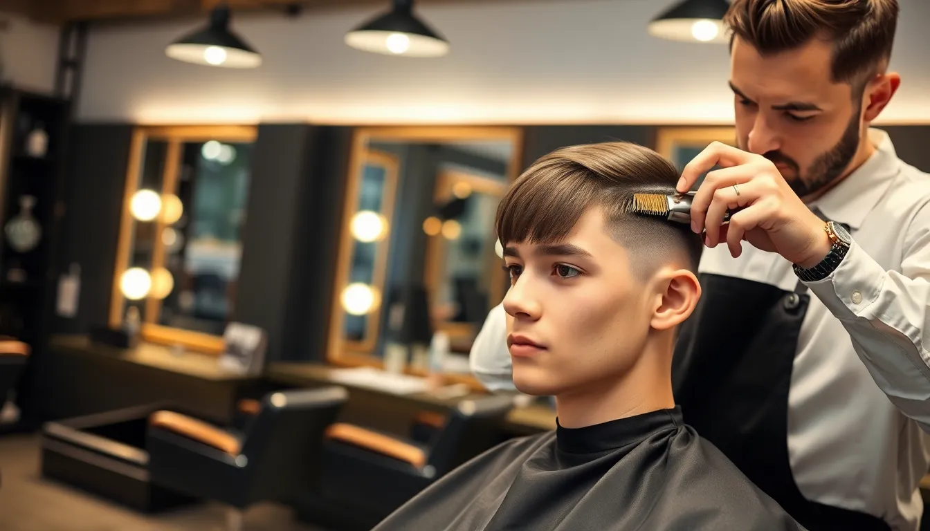 barber giving a young man a mid fade taper haircut.